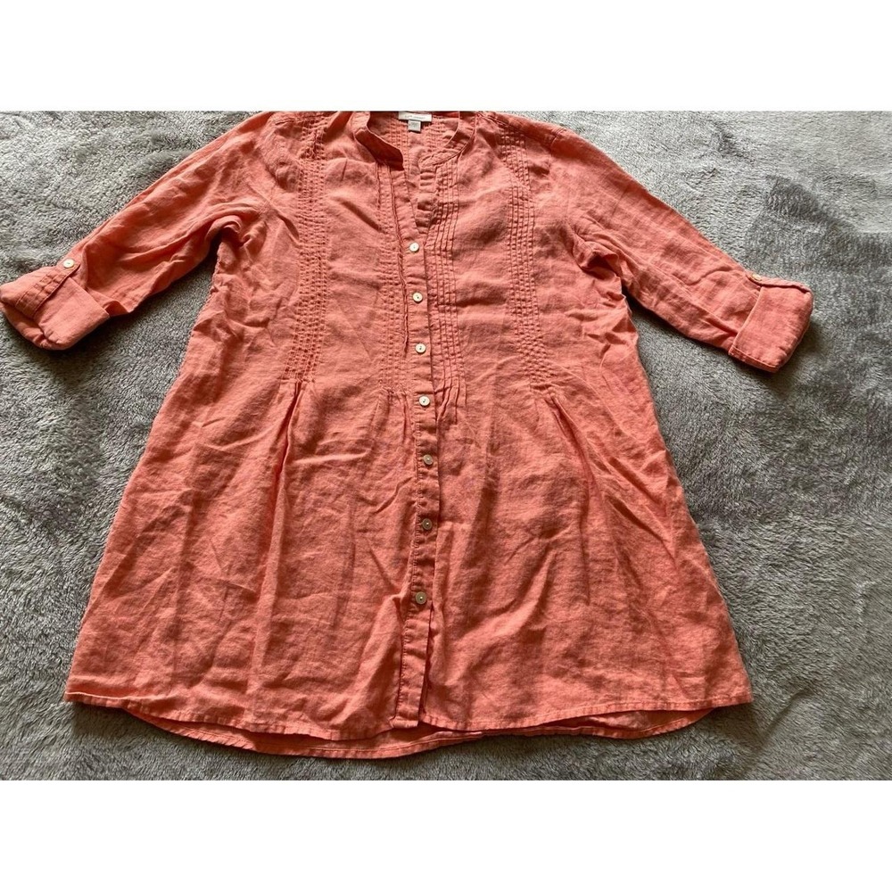 J Jill Top Linen Lagenlook Shirt Roll Sleeve Option Peach Women Small s50